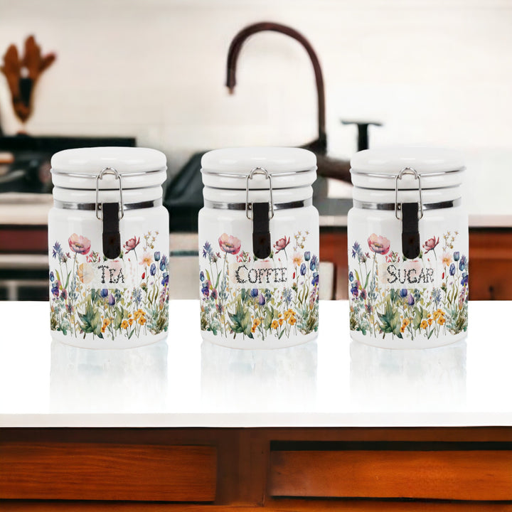 Purely Home Wildflowers Ceramic Clip-Lid Tea, Coffee & Sugar Canister Set