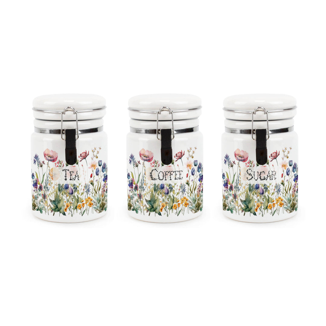 Purely Home Wildflowers Ceramic Clip-Lid Tea, Coffee & Sugar Canister Set