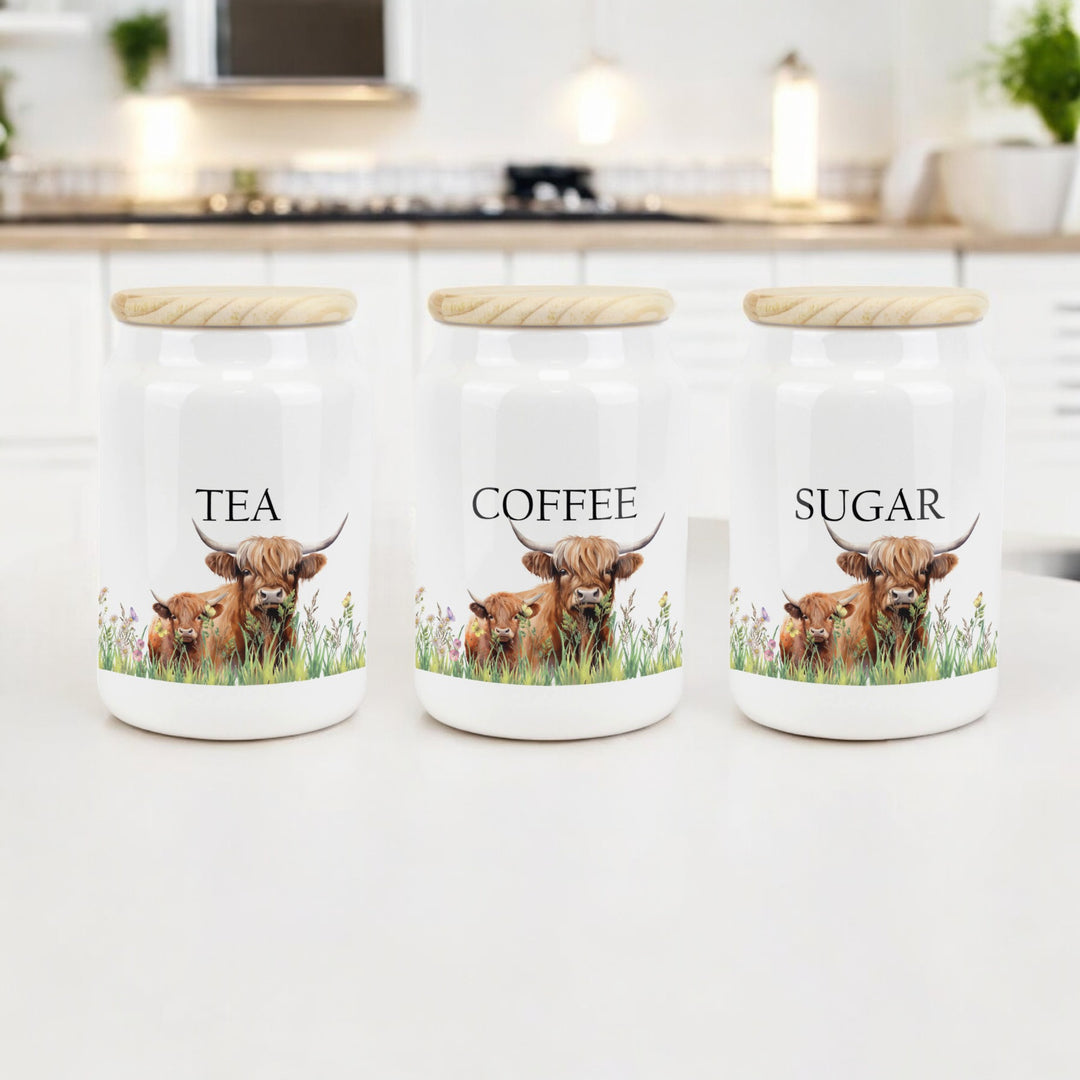 Purely Home Highland Cow & Calf Ceramic Tea, Coffee & Sugar Canister Set
