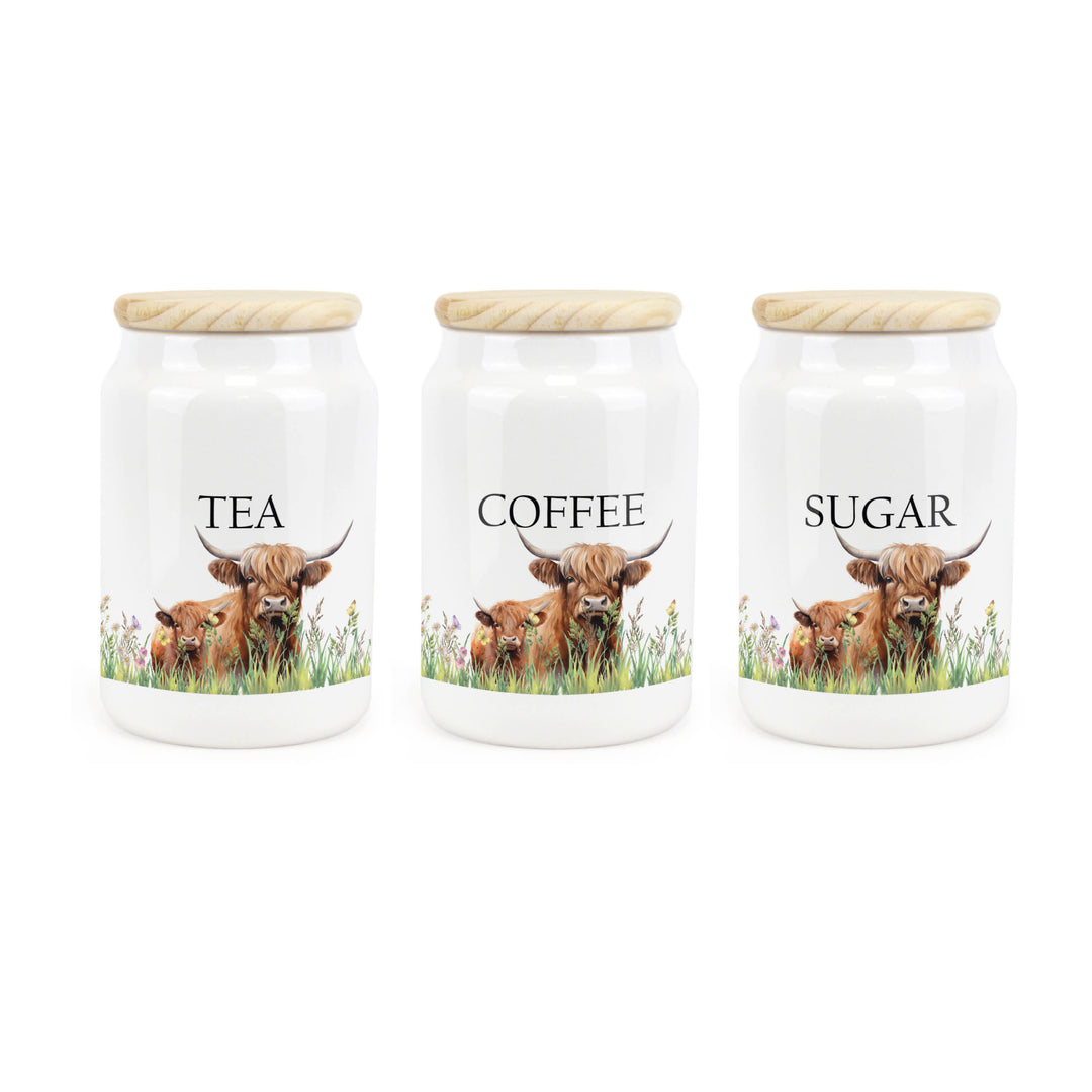 Purely Home Highland Cow & Calf Ceramic Tea, Coffee & Sugar Canister Set