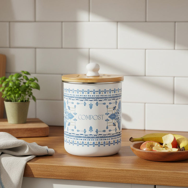 Purely Home Blue Folk Tile Toller Compost Caddy