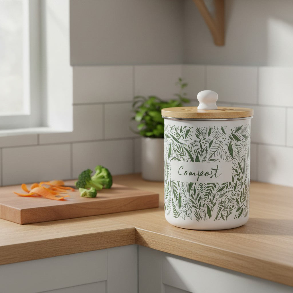 Purely Home Green Leaves Toller Compost Caddy