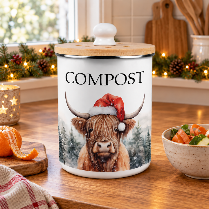 Purely Home Christmas Highland Cow Toller Compost Caddy