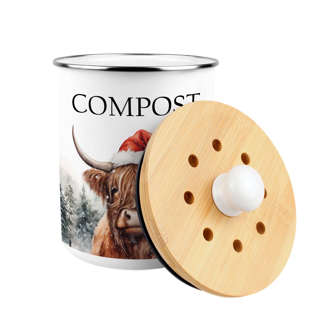 Purely Home Christmas Highland Cow Toller Compost Caddy