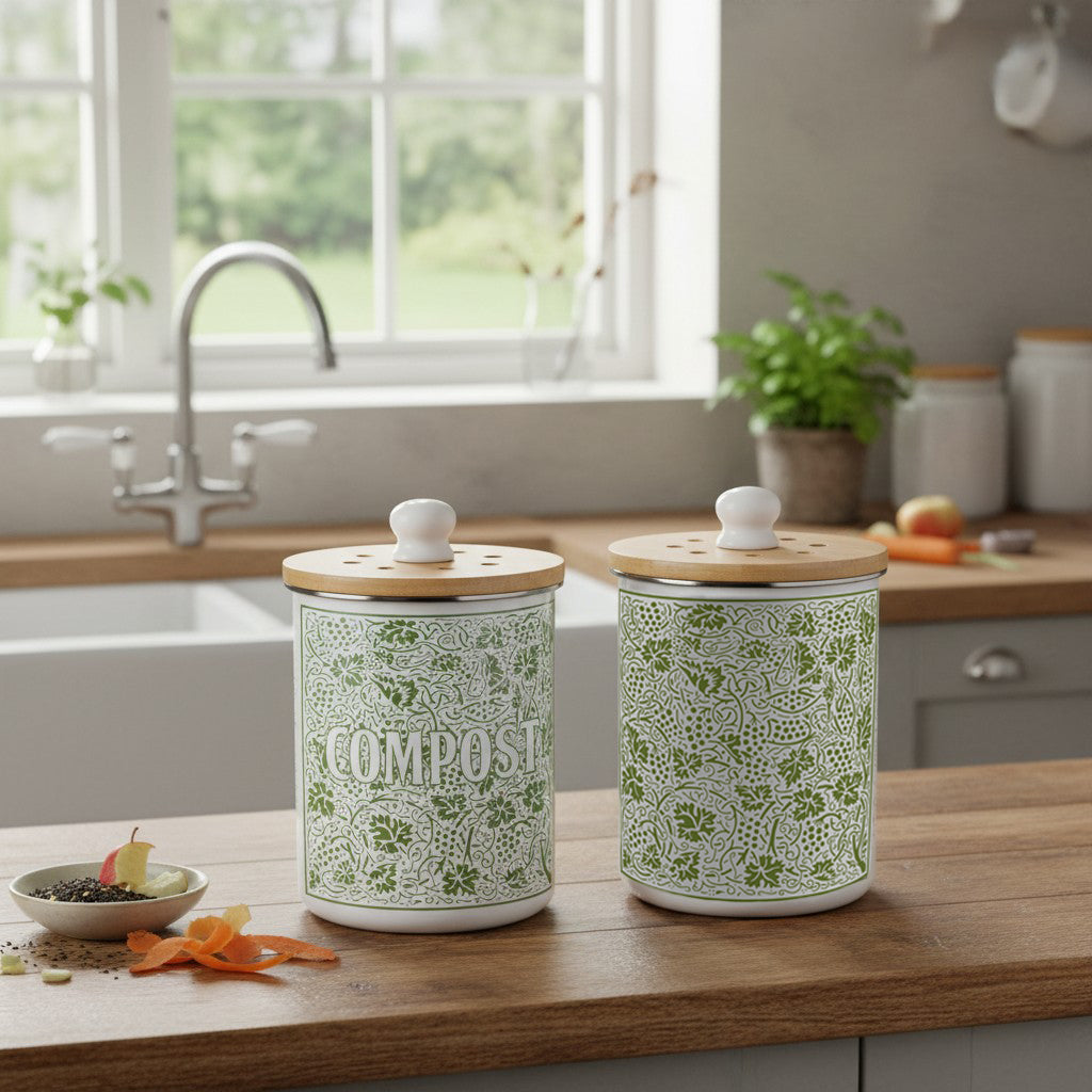 Purely Home Oak Leaves & Berries Toller Compost Caddy - Green