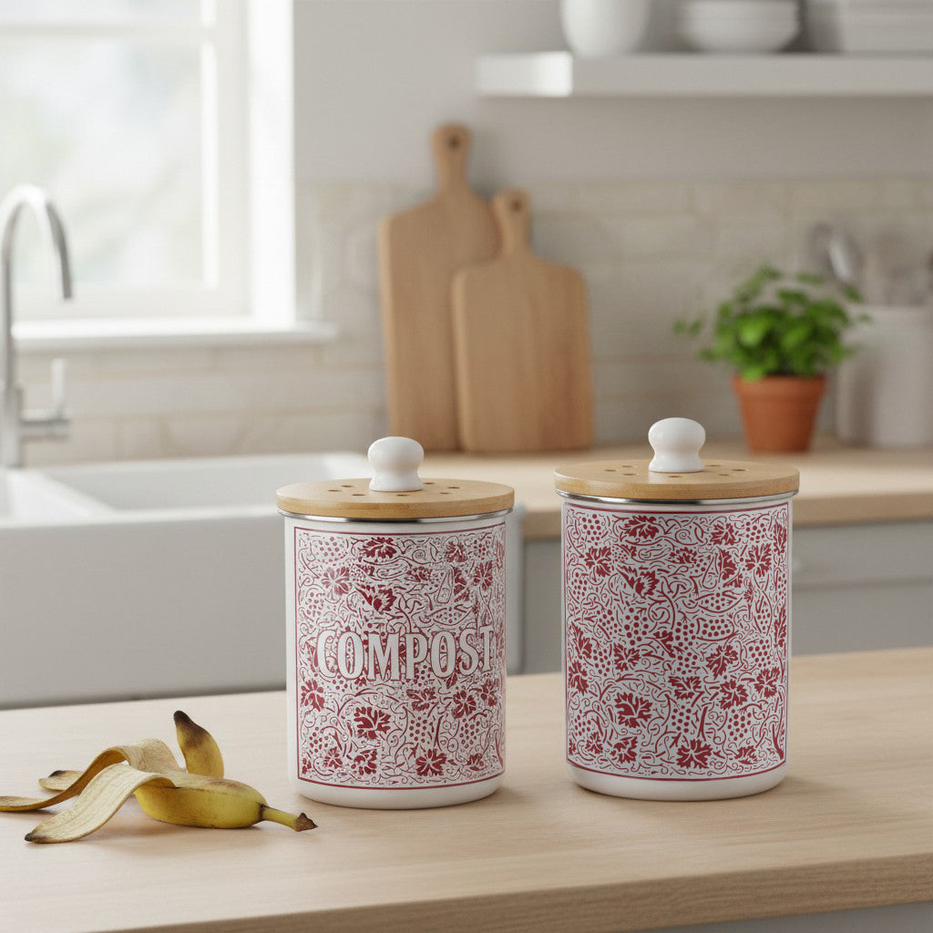Purely Home Oak Leaves & Berries Toller Compost Caddy - Red