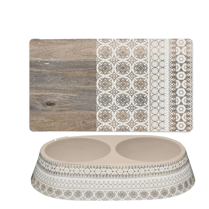 Moroccan Wood Melamine Pet Bowl & Placemat Set