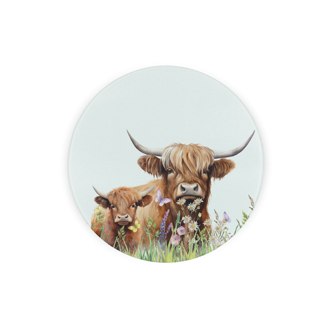 Purely Home Highland Cow & Calf Round Glass Worktop Protector