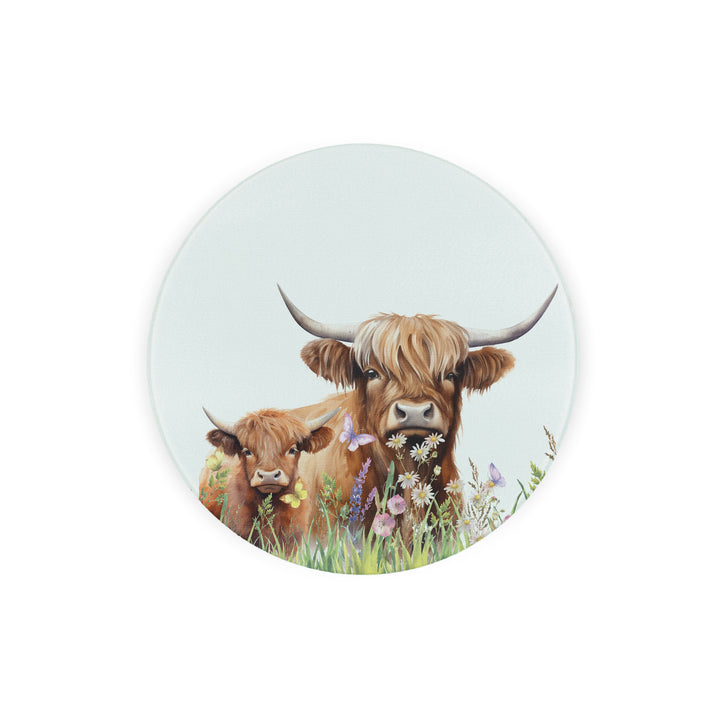 Purely Home Highland Cow & Calf Round Glass Worktop Protector