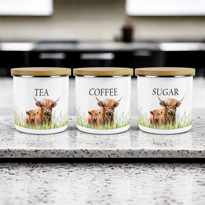 Purely Home Highland Cow & Calf Enamel Tea, Coffee & Sugar Canister Sets