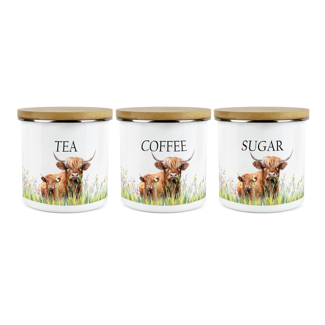 Purely Home Highland Cow & Calf Enamel Tea, Coffee & Sugar Canister Sets