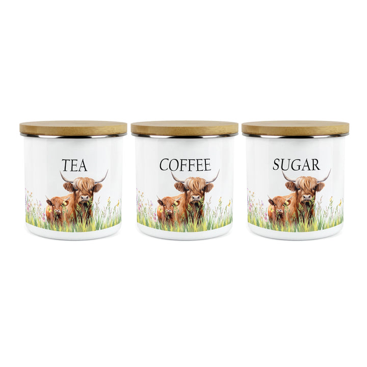 Purely Home Highland Cow & Calf Enamel Tea, Coffee & Sugar Canister Sets