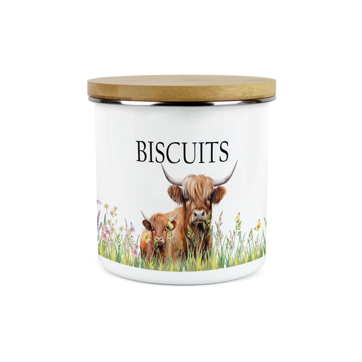 Purely Home Highland Cow & Calf Enamel Biscuit Canister