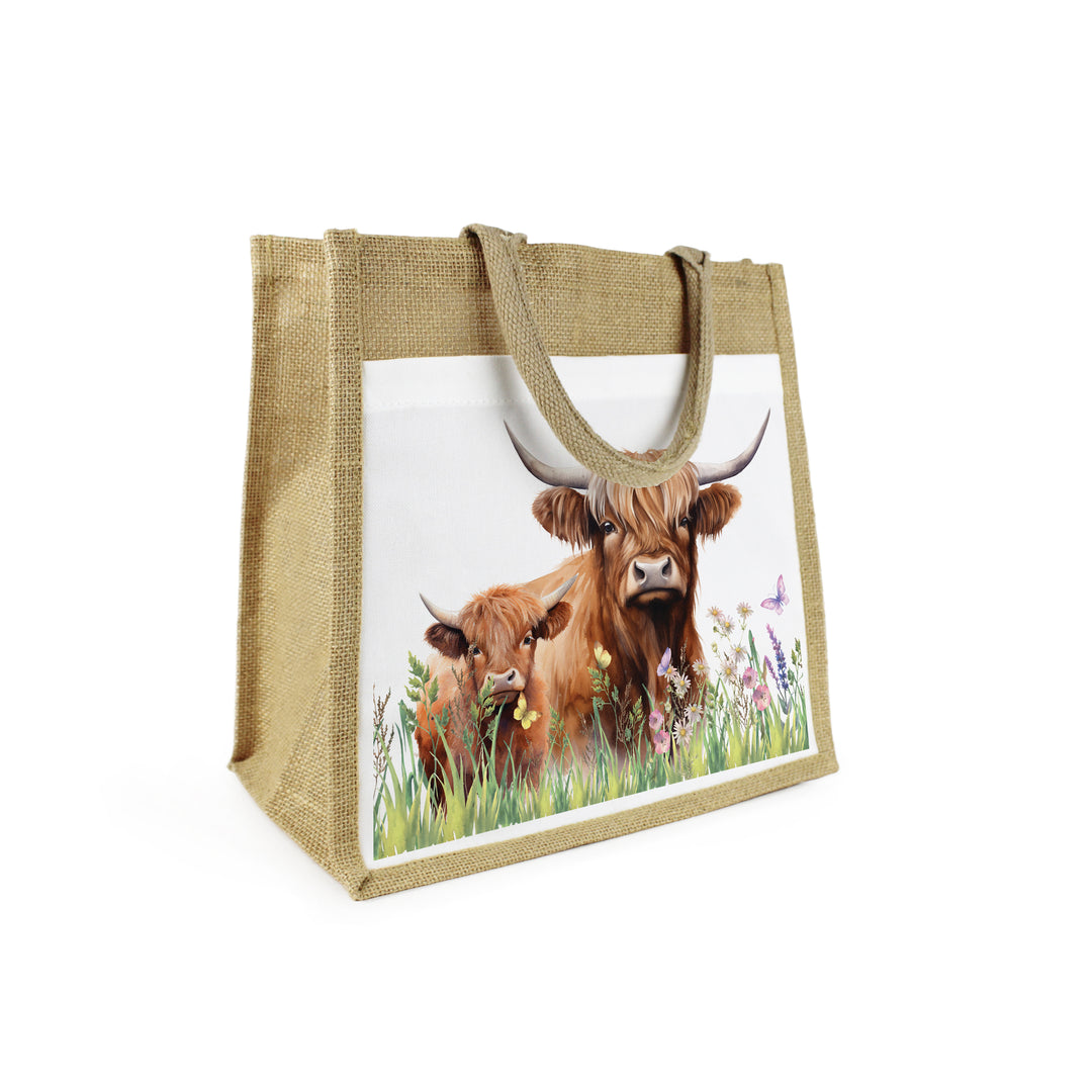 Purely Home Highland Cow & Calf Jute Shopping Bag