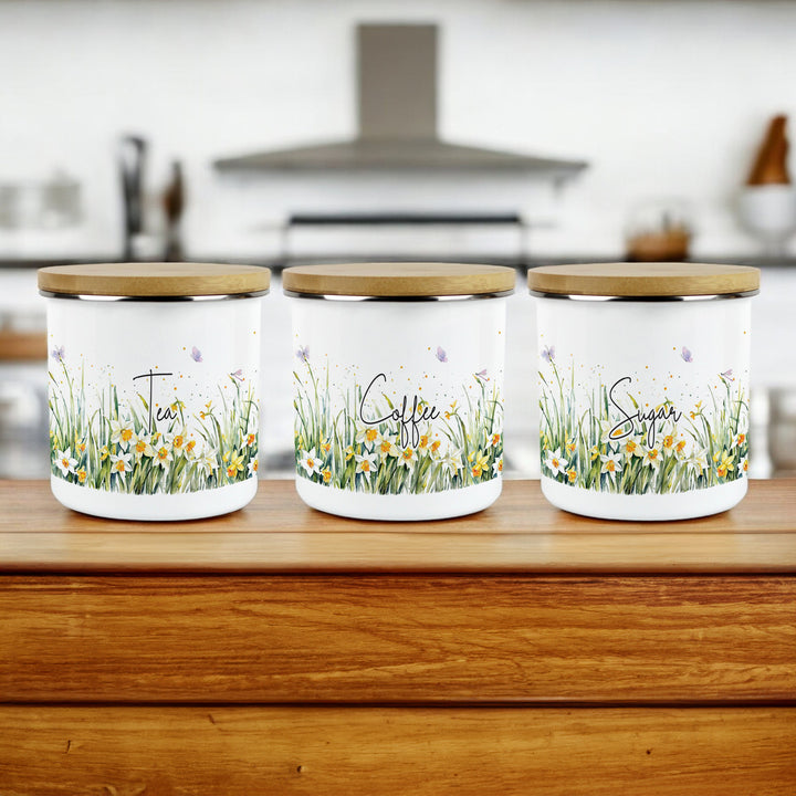 Purely Home Spring Daffodils Enamel Tea, Coffee & Sugar Canister Sets