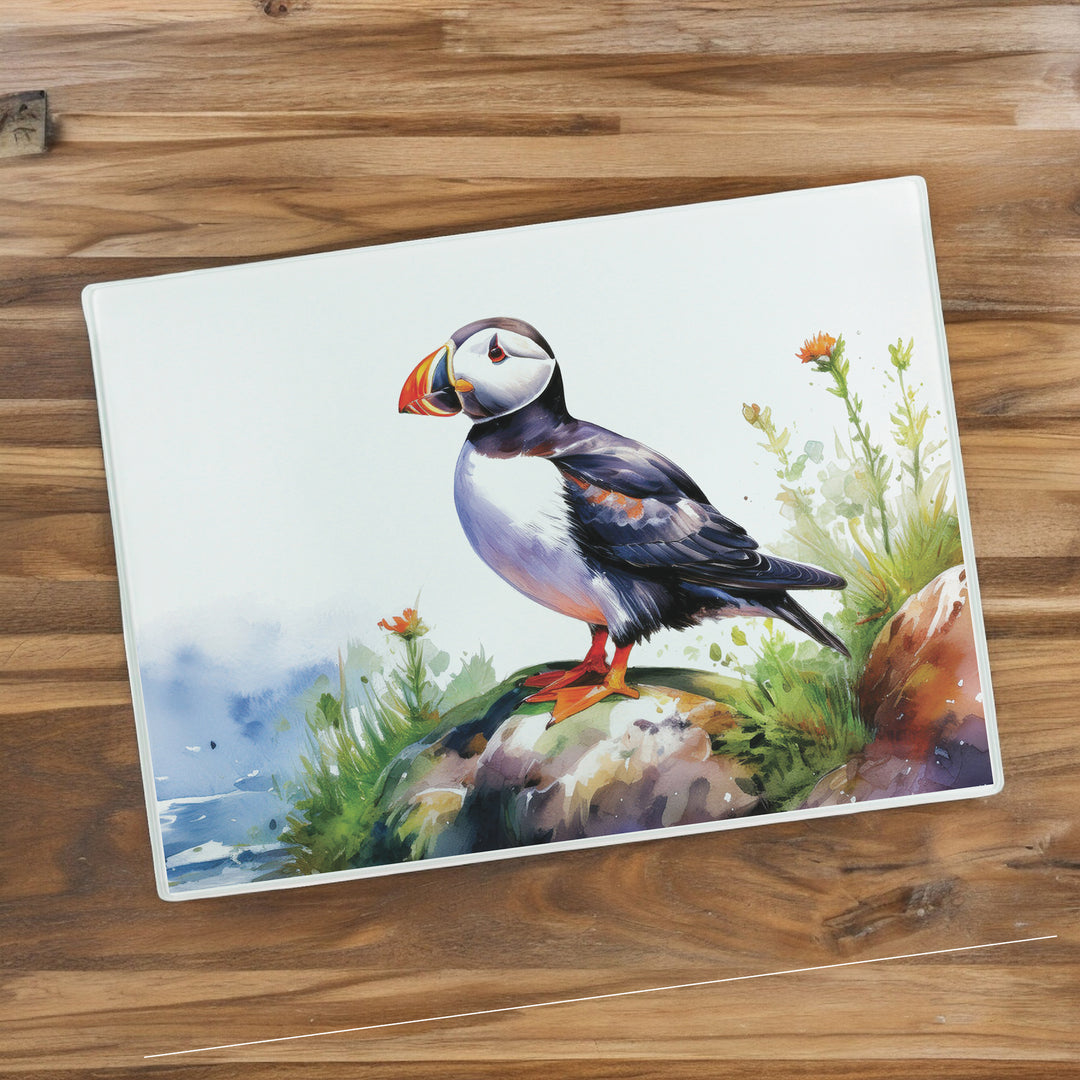 Purely Home Seaside Puffin Glass Worktop Protector