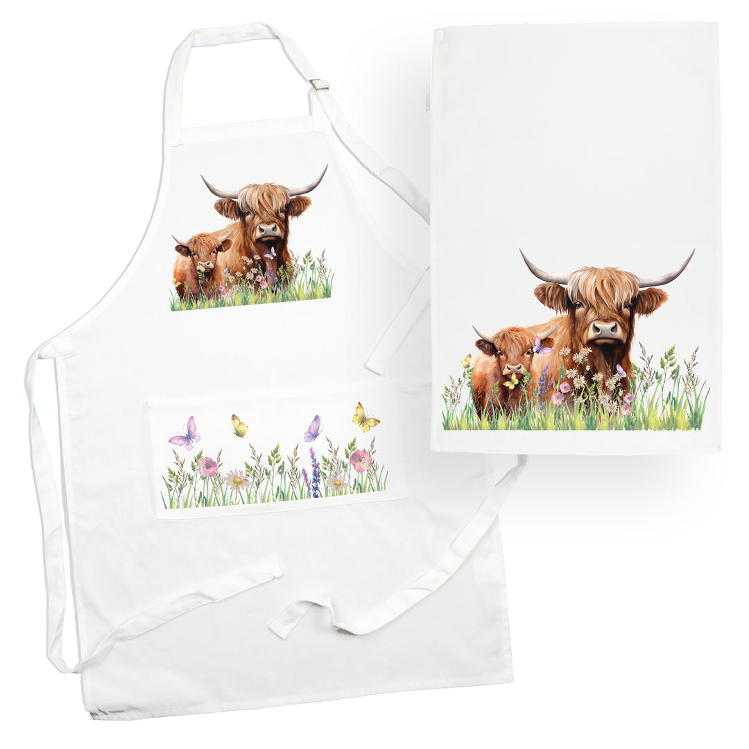 Purely Home Highland Cow & Calf Apron & Tea Towel Set