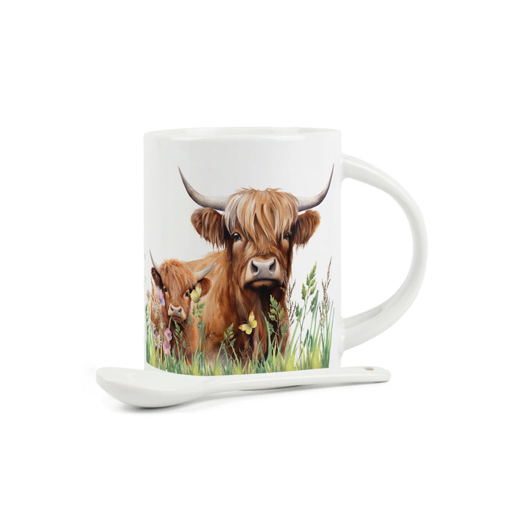 Purely Home Highland Cow & Calf Ceramic Mug With Spoon