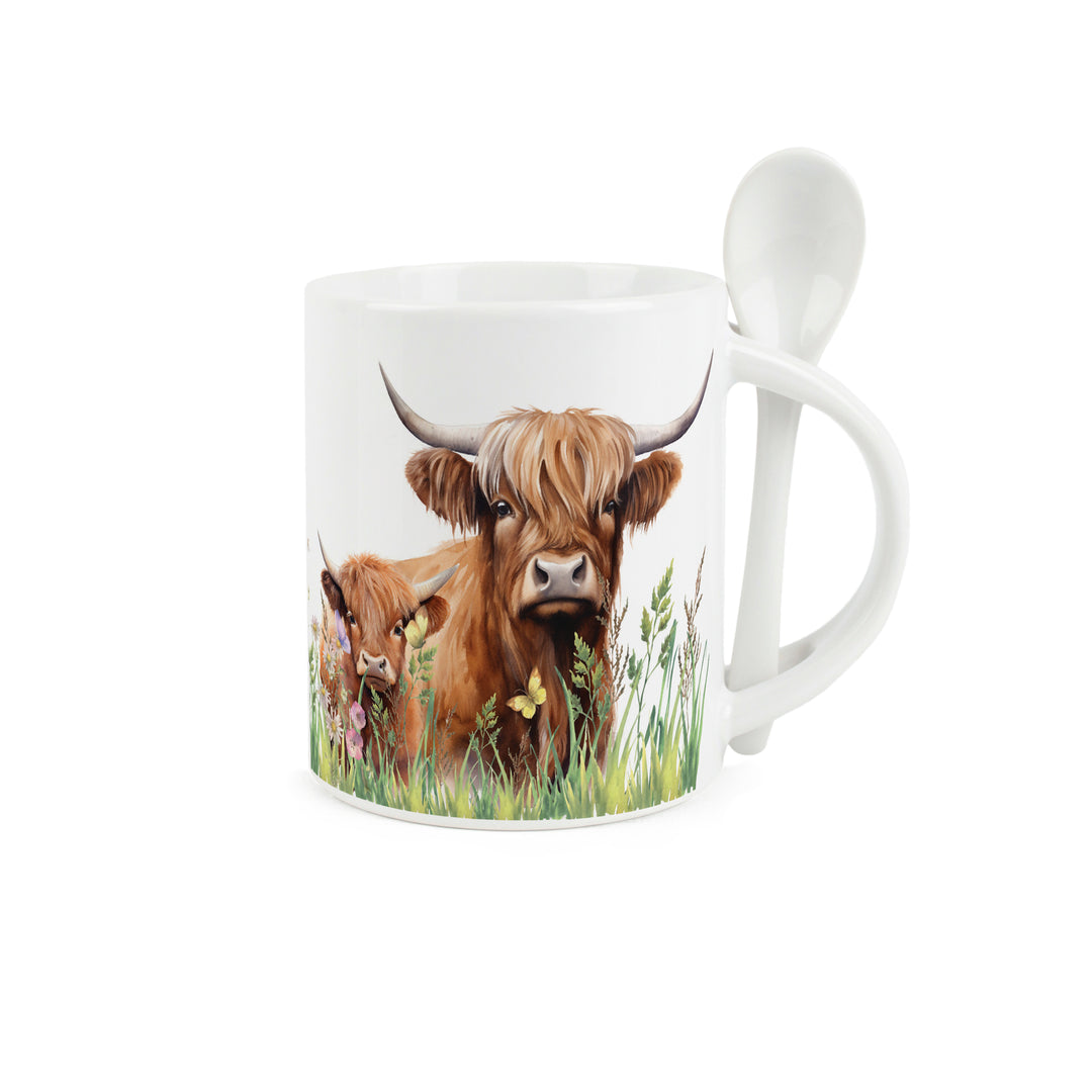 Purely Home Highland Cow & Calf Ceramic Mug With Spoon