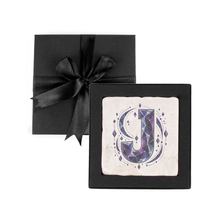 Purely Home Geometric Jewel Initial Marble Coaster Gift Box Set