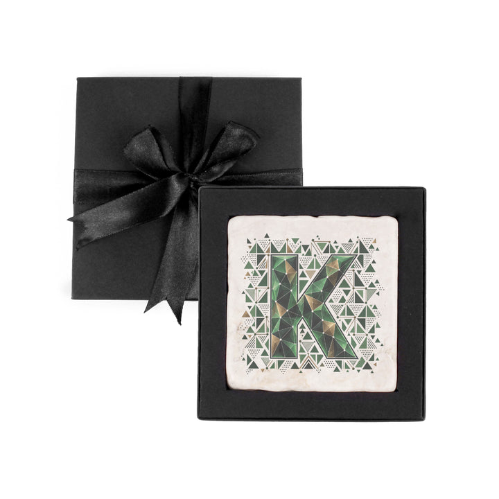 Purely Home Geometric Jewel Initial Marble Coaster Gift Box Set