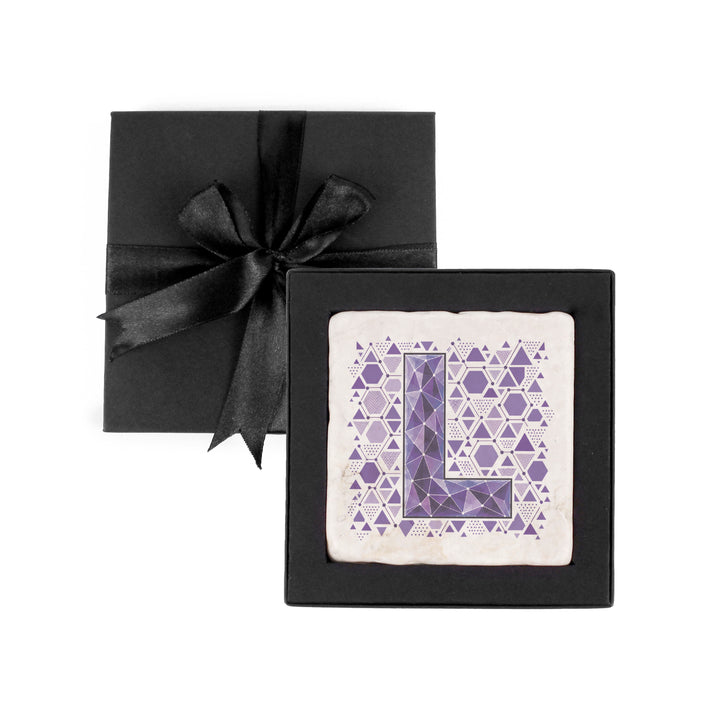 Purely Home Geometric Jewel Initial Marble Coaster Gift Box Set