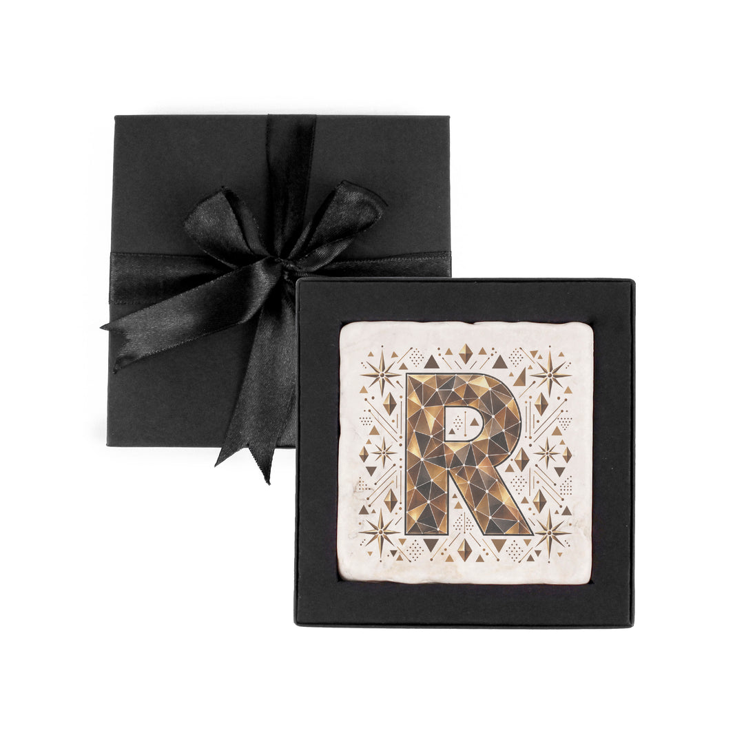 Purely Home Geometric Jewel Initial Marble Coaster Gift Box Set