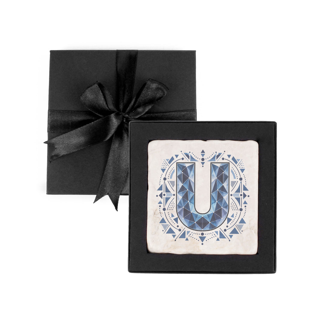 Purely Home Geometric Jewel Initial Marble Coaster Gift Box Set
