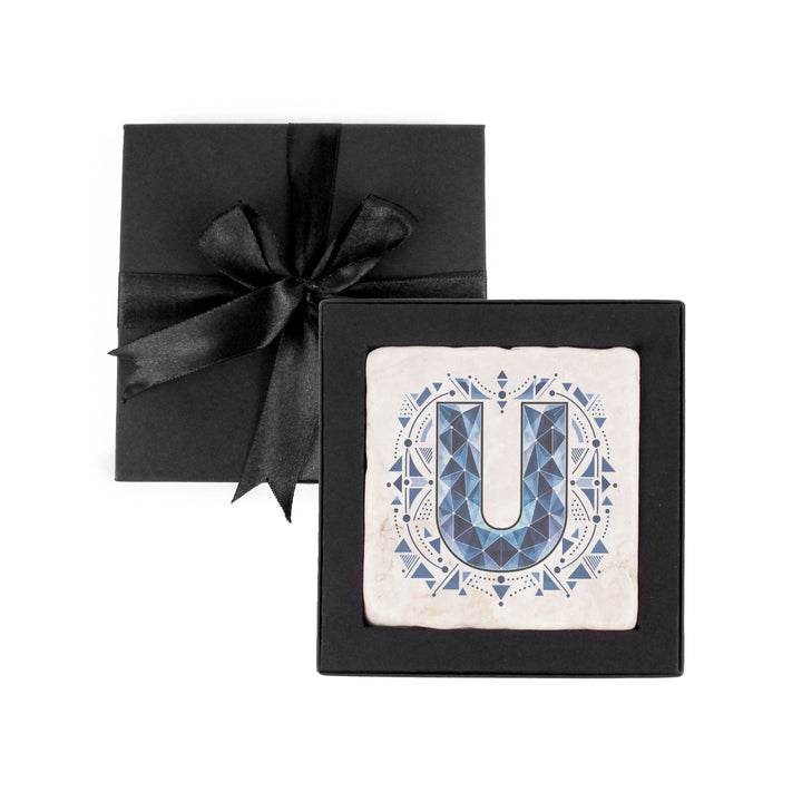 Purely Home Geometric Jewel Initial Marble Coaster Gift Box Set