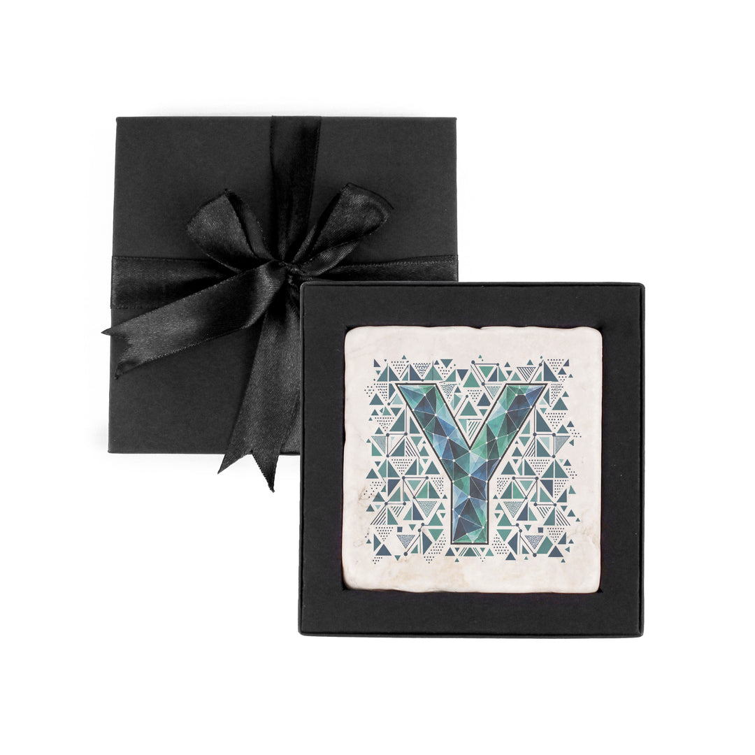 Purely Home Geometric Jewel Initial Marble Coaster Gift Box Set