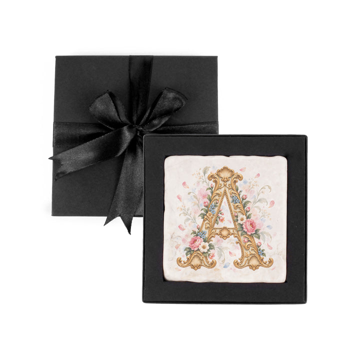 Purely Home Ornate Floral Initial Marble Coaster Gift Box Set