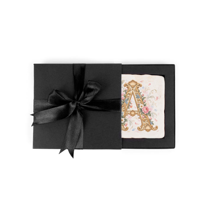 Purely Home Ornate Floral Initial Marble Coaster Gift Box Set