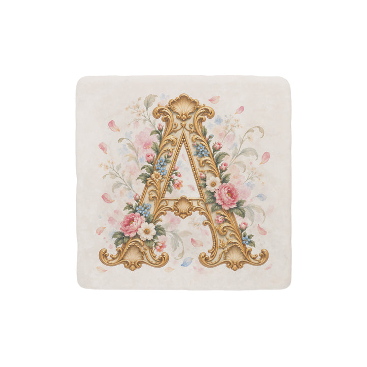 Purely Home Ornate Floral Initial Marble Coaster Gift Box Set