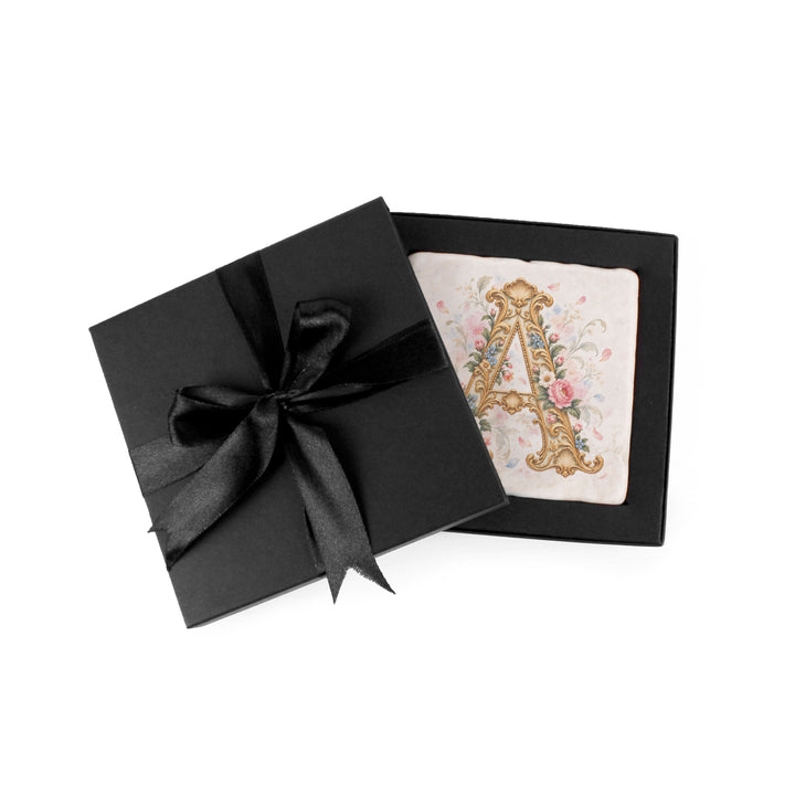 Purely Home Ornate Floral Initial Marble Coaster Gift Box Set