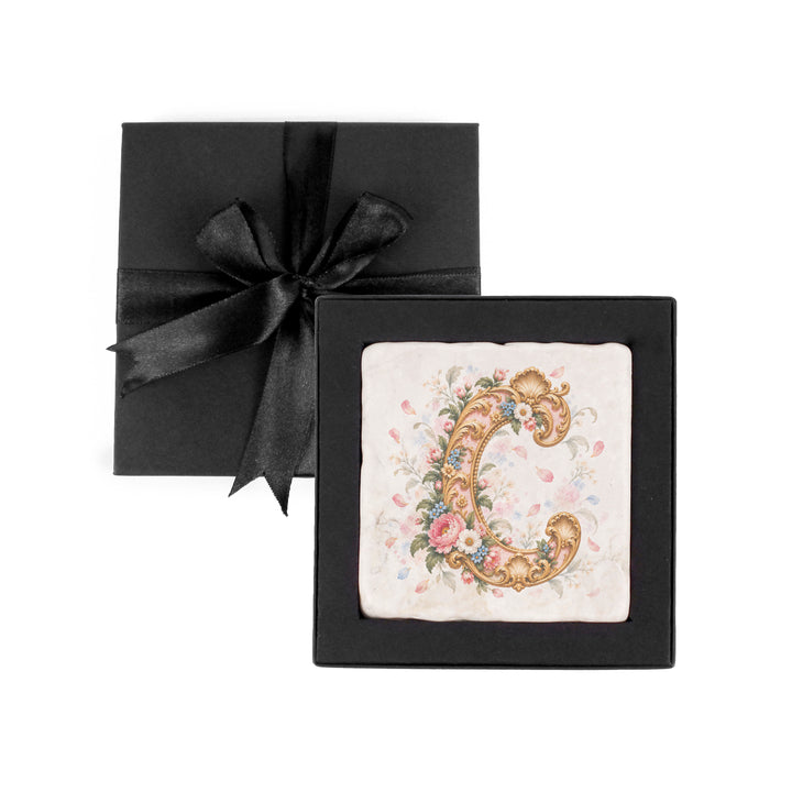 Purely Home Ornate Floral Initial Marble Coaster Gift Box Set