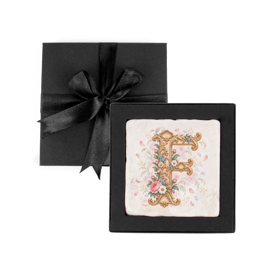 Purely Home Ornate Floral Initial Marble Coaster Gift Box Set