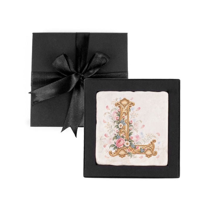 Purely Home Ornate Floral Initial Marble Coaster Gift Box Set
