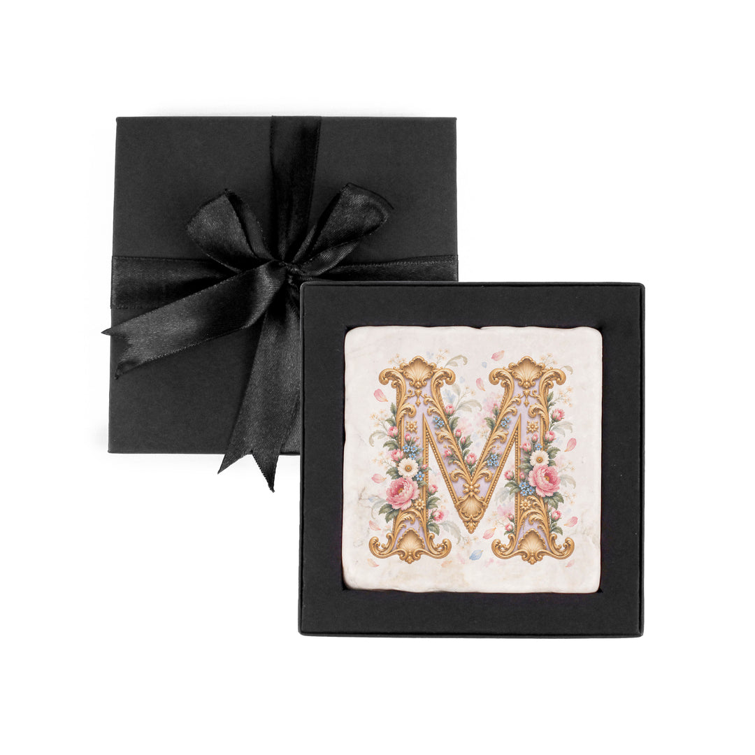Purely Home Ornate Floral Initial Marble Coaster Gift Box Set