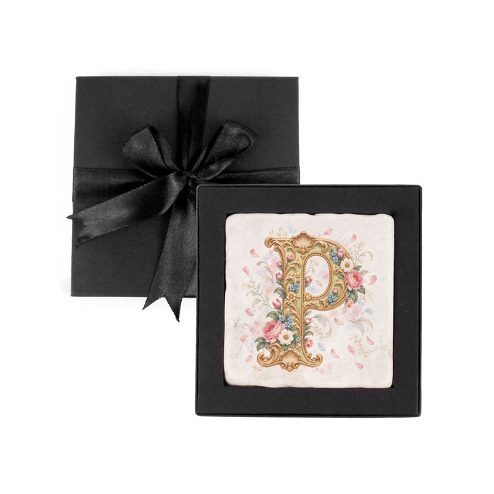 Purely Home Ornate Floral Initial Marble Coaster Gift Box Set