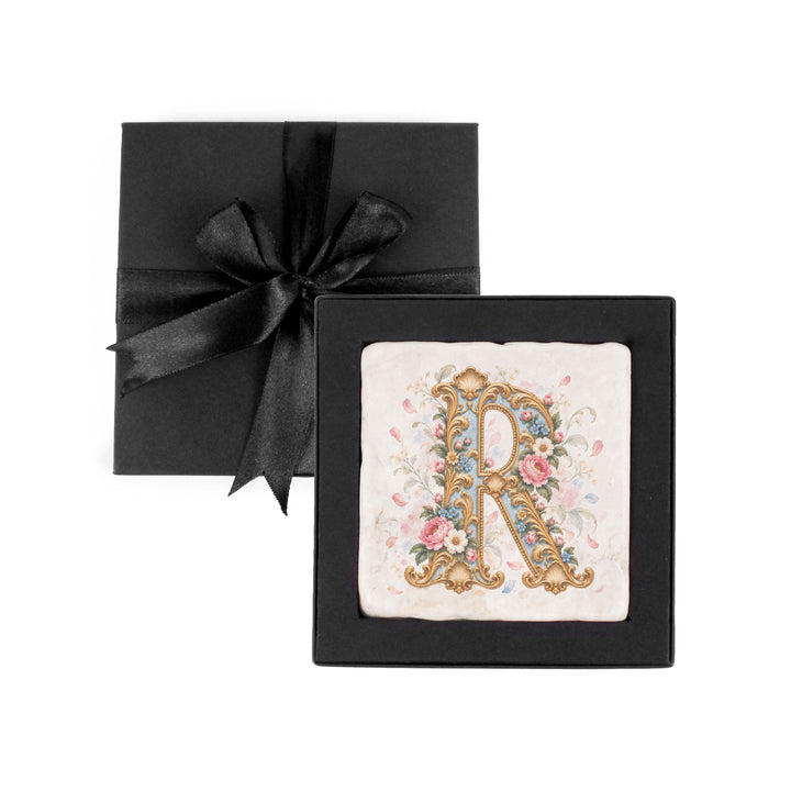 Purely Home Ornate Floral Initial Marble Coaster Gift Box Set