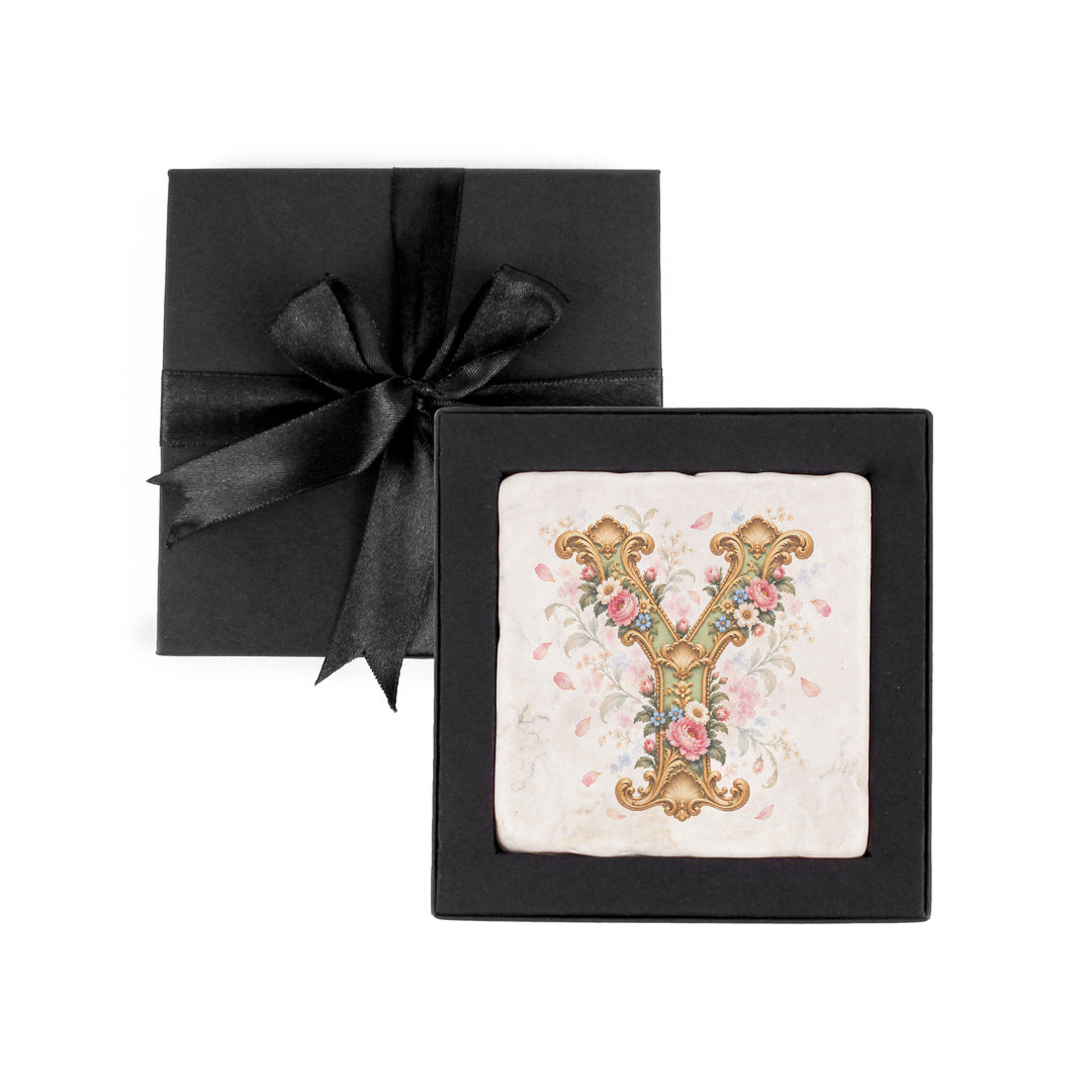 Purely Home Ornate Floral Initial Marble Coaster Gift Box Set