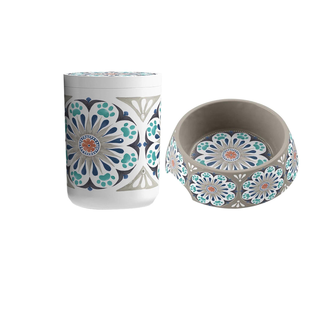 Carmel Medallion Melamine Pet Bowl & Treat Jar Set