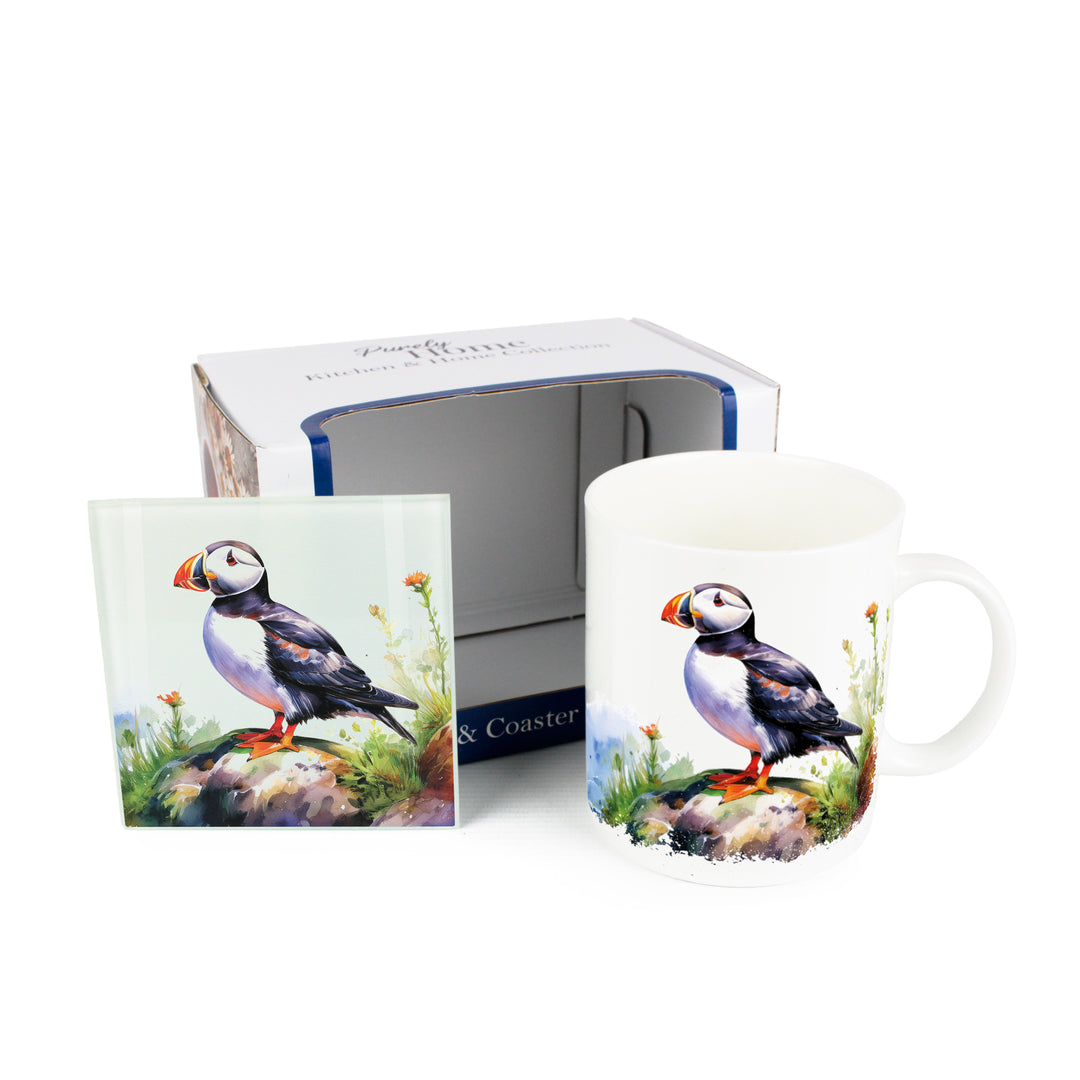 Purely Home Seaside Puffin Mug & Coaster Gift Set