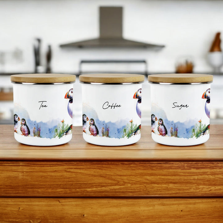 Purely Home Seaside Puffin Enamel Tea, Coffee & Sugar Canister Set