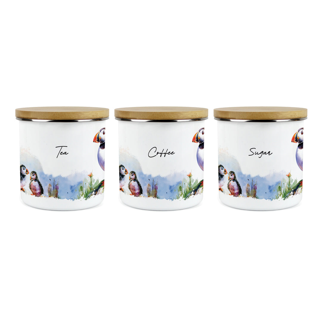 Purely Home Seaside Puffin Enamel Tea, Coffee & Sugar Canister Set