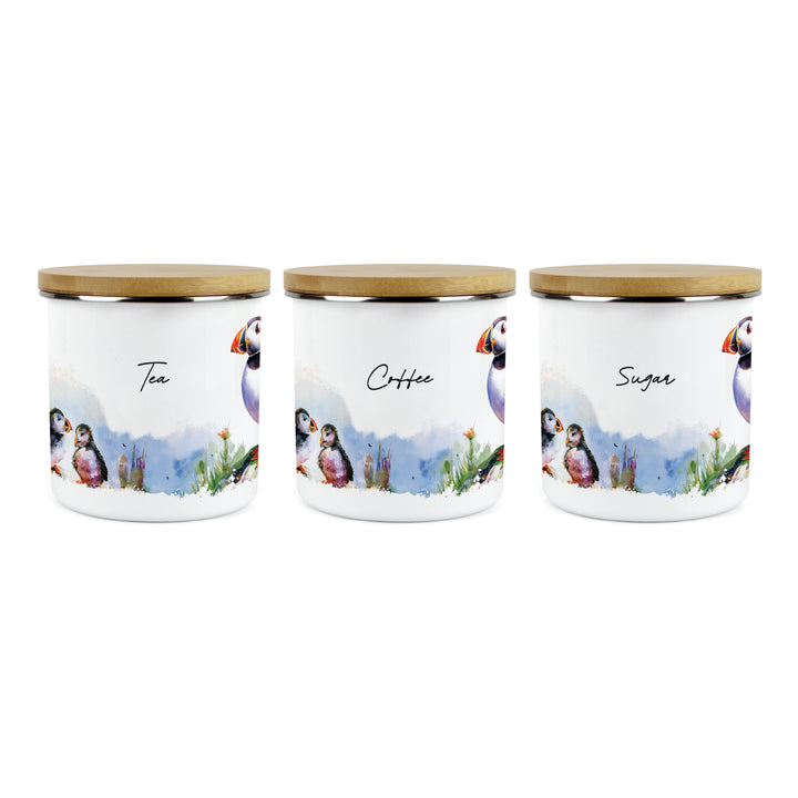 Purely Home Seaside Puffin Enamel Tea, Coffee & Sugar Canister Set