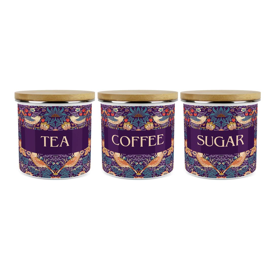 Purely Home Strawberry Thief Enamel Tea, Coffee & Sugar Canister Sets - Purple