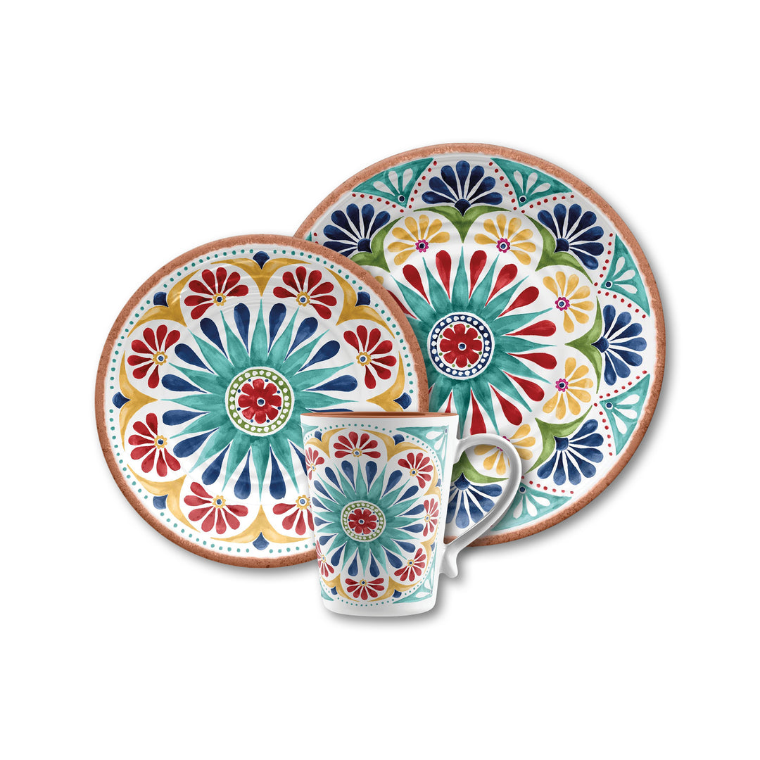 Rio Medallion Melamine Dinner & Side Plates Set with Mugs