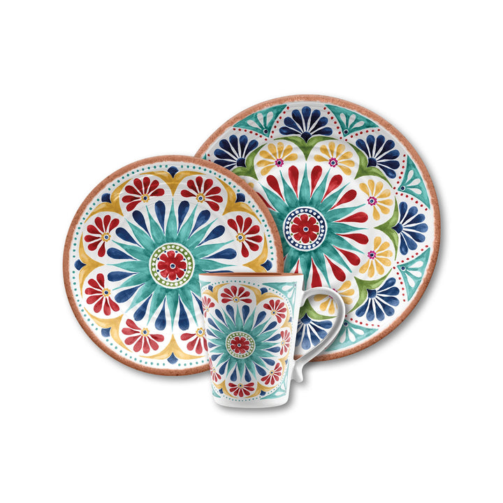 Rio Medallion Melamine Dinner & Side Plates Set with Mugs