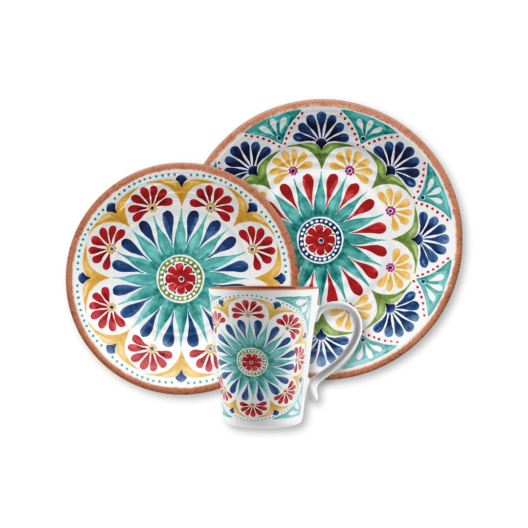 Rio Medallion Melamine Dinner & Side Plates Set with Mugs